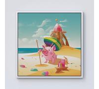 Piglet On A Beach Holiday Framed Canvas Warren Reed - Designer Off White w10_inch_x_h10_inch