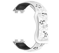 PIGLOLKINY Silicone 3D Engraved Flower Bracelet For Huawei Band 8 9 10 Strap Smart Watch Breathable Watchband(White Black)