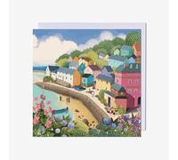 Pigment Productions Birthday Card for Women - Colourful Coastal Village Scene - Foil Finish - Blank Inside - Artistic Greeting Card