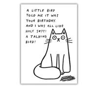 Pigment Productions Funny Birthday Card - 'Talking Bird' Joke with Illustrated Cat Design - Amusing Birthday Greeting Card for Men or Women
