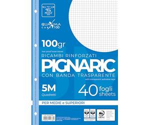 Pigna 02222375M, Replacement with Reinforced Band, 5M Strip, 5mm Squares for 2nd and 3rd Grade, 100gsm Paper, 40 Sheets Pack