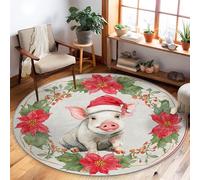 Pigs Area Rug, Christmas Festive Poinsettia Wreath Christmas Red Non-Slip Backing Aesthetic Circle Home Floor Carpet Rugs for Living Room Bedroom Hallway Office Decor 5' X 5'