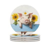 Pigs Fence Daisy Sunflower Round Ceramic Coasters Non-Slip Cork Base Drinks Holder Craft 4PCS
