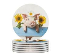 Pigs Fence Daisy Sunflower Round Ceramic Coasters Non-Slip Cork Base Drinks Holder Craft 6PCS