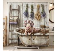 Pigs Shower Curtain, Rustic Farmhouse Lavender Wheat None Brown Washable with Hooks Bathtub Cloth Curtains Decor for Bathroom Guest Room 72x78 Inch