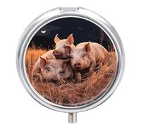 Pigs Sleeping Pill Box 3 Compartment Travel Pill Organizer 3 Times A Day Cute Mini Pill Case for Purse & Pocket Portable Metal Medicine Box with Mirror Round Daily Medicine Vitamin Container