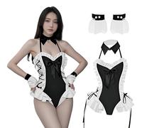 PIIKNUO Sexy Bunny Costume, Cosplay Spaghetti Strap Dress Costume Maid Three Piece, Anime Kawaii Cheeky Cute Ears Bodysuit (M)