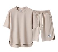 Pijama Corto Hombre Men's Summer Loungewear Set Solid Color Short Sleeve T-Shirt and Comfortable Athletic Shorts (Beige, L)