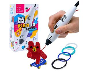 PIKA3D Super 3D PRINTING PEN - Includes 3D Pen, 4 Colors of PLA Filament Refill with Stencil Guide and User Manual, White