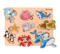 PikatoyZ® Wooden Jigsaw Puzzle with Sea Animals - Educational Montessori Toy for 1 to 3 Year Olds - Gift for Boys and Girls - Travel Puzzle for Toddlers