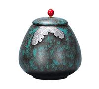 PIKITER Handmade Green Ceramic Pet Urn For Ashes, Small Memorial Keepsake For Adult Pets, Home Or Cemetery Burial Urn, 12.4x13.2cm 1pcs