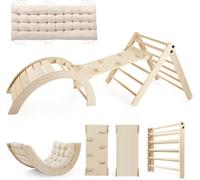 Pikler Triangle Set with Cushion, Large 5-in-1 Foldable Climbing Set, Indoor Toy Set for Kids, Wooden Climbing Toy with Ramp and Arch Climber for Kids (Wood Color)