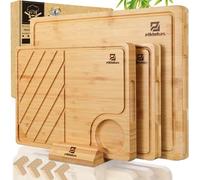 Piklohas Bamboo Cutting Boards Large Set of 4 for Kitchen, Wood Charcuterie Chopping Board with Holder Non Slip, Steak Serving Tray with Juice Groove, Big Butcher Block for Cheese, Ideal for Gift