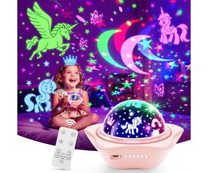 PIKOY Baby Night Light Kids, 15 Lightings+6 Flims+Rotation Star Projector Night Light Kids, Remote Dimmable+Timer Girls Bedroom Accessories Sensory Lights,Pink Cordless Lamp Baby Sensory Toys Gifts