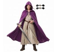 Pikpops Velvet Renaissance Hooded Cloak with Lining & Horn Button, Medieval Viking Cape Robe for Men Women Halloween Costume, Purple, L-51.2''