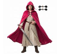 Pikpops Velvet Renaissance Hooded Cloak with Lining & Horn Button, Medieval Viking Cape Robe for Men Women Halloween Costume, Red, M-43.3''