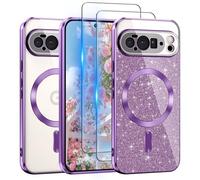 Pilaru 3 in 1 Clear Glitter Case for Google Pixel 10 Pixel 10 Pro 6.3" Compatible with MagSafe Never Yellowing Shockproof Cover with Bling Card & 2 HD Screen Protectors for Women Girls Pixel 10-Purple