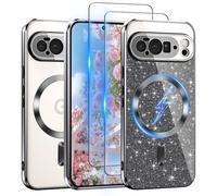 Pilaru 3 in 1 Clear Glitter Case for Google Pixel 10 Pixel 10 Pro 6.3" Compatible with MagSafe Never Yellowing Shockproof Cover with Bling Card & 2 HD Screen Protectors for Women Girls Pixel 10-Black