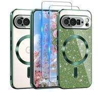 Pilaru 3 in 1 Clear Glitter Case for Google Pixel 10 Pro XL 6.8" Compatible with MagSafe Never Yellowing Shockproof Cover with Bling Card & 2 HD Screen Protectors for Women Girls Pixel 10Pro XL -Green