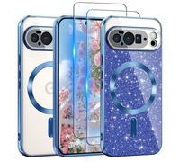 Pilaru 3 in 1 Clear Glitter Case for Google Pixel 10 Pro XL 6.8" Compatible with MagSafe Never Yellowing Shockproof Cover with Bling Card & 2 HD Screen Protectors for Women Girls Pixel 10Pro XL -Blue