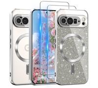 Pilaru 3 in 1 Clear Glitter Case for Google Pixel 10 Pro XL 6.8" Compatible with MagSafe Never Yellowing Shockproof Cover with Bling Card & 2 HD Screen Protectors for Women Girls Pixel10Pro XL -Silver