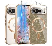 Pilaru 3 in 1 Clear Glitter Case for Google Pixel 10 Pro XL 6.8" Compatible with MagSafe Never Yellowing Shockproof Cover with Bling Card & 2 HD Screen Protectors for Women Girls Pixel 10Pro XL -Gold