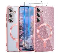 Pilaru 3 in 1 Clear Glitter Case for Samsung Galaxy S25 Plus 6.7" Compatible with MagSafe Never Yellowing Shockproof Cover with Bling Card & 2 HD Screen Protectors Cute for Women Girls S25+,Pink