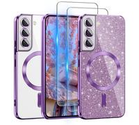 Pilaru for Galaxy S22 Case Compatible with MagSafe, [Glitter Card & 2PCS HD Screen Protectors] Cute Bling Sparkly [Never Yellowing], Slim Shockproof Anti-Scratch Soft Clear Case for Women, S22 -Purple