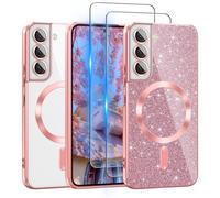 Pilaru for Galaxy S22 Case Compatible with MagSafe, [Glitter Card & 2PCS HD Screen Protectors] Cute Bling Sparkly [Never Yellowing], Slim Shockproof Anti-Scratch Soft Clear Case for Women, S22-Pink