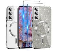 Pilaru for Galaxy S22 Case Compatible with MagSafe, [Glitter Card & 2PCS HD Screen Protectors] Cute Bling Sparkly [Never Yellowing], Slim Shockproof Anti-Scratch Soft Clear Case for Girl, S22 -Silver