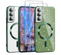 Pilaru for Galaxy S22 Case Compatible with MagSafe, [Glitter Card & 2PCS HD Screen Protectors] Cute Bling Sparkly [Never Yellowing], Slim Shockproof Anti-Scratch Soft Clear Case for Women, S22-Green