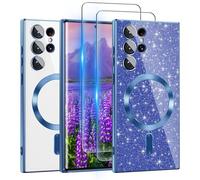 Pilaru for Galaxy S22 Ultra Case Compatible with MagSafe, [Glitter Card & 2PCS HD Screen Protectors] Cute Bling Sparkly [Never Yellowing], Slim Shockproof Anti-Scratch Soft Clear Case for Women, Blue