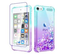 Pilaru Lovely for iPod Touch 5/6/7 Case Clear Liquid Heart Glitter Soft TPU Cover Transparent Girly Shockproof Protective Phone Case for Touch 5th/6th/7th Gen,Green-Purple