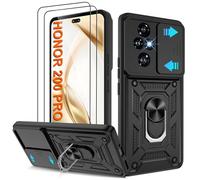 Pilaru Shockproof Case for Honor 200 Pro Military-Grade Drop Proof Dual-Layer Protective with Camera Slide Cover | Precision Hole,Built-in Kickstand & 2 Screen Protectors for Honor 200 Pro Phone,Black