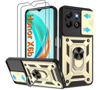 Pilaru Shockproof Case for Honor X6B Phone Military-Grade Drop Proof Dual-Layer Protective with Camera Slide Cover | Precision Hole, Built-in Kickstand & 2 Screen Protectors for Honour X6b 4G,Gold
