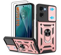 Pilaru Shockproof Case for Moto E15 4G G05 Military-Grade Drop Proof Dual-Layer Protective with Camera Slide Cover | Precision Hole, Built-in Kickstand & 2 Screen Protectors for Moto E15 4G,Rose Gold