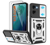 Pilaru Shockproof Case for Moto E15 4G Military-Grade Drop Proof Dual-Layer Protective with Camera Slide Cover | Precision Hole, Built-in Kickstand & 2 Screen Protectors for Moto E15 4G Phone,Silver