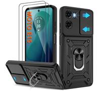 Pilaru Shockproof Case for Moto E15 4G Military-Grade Drop Proof Dual-Layer Protective with Camera Slide Cover | Precision Hole, Built-in Kickstand & 2 Screen Protectors for Moto E15 4G Phone,Black
