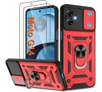 Pilaru Shockproof Case for Motorola G14 Phone Military-Grade Drop Proof Dual-Layer Protective with Camera Slide Cover | Precision Hole, Built-in Kickstand & 2 Screen Protectors for Moto G14,Red