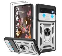 Pilaru Shockproof Case for Pixel 6 Military-Grade Drop Proof Dual-Layer Protective with Camera Slide Cover | Precision Hole, Built-in Kickstand & 2 Screen Protectors for Google Pixel 6,Silver