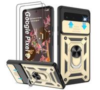 Pilaru Shockproof Case for Pixel 6 Military-Grade Drop Proof Dual-Layer Protective with Camera Slide Cover | Precision Hole, Built-in Kickstand & 2 Screen Protectors for Google Pixel 6,Gold