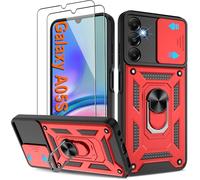 Pilaru Shockproof Case for Samsung A05S Military-Grade Drop Proof Dual-Layer Protective with Camera Slide Cover | Precision Hole, Built-in Kickstand & 2 Screen Protectors for Galaxy A05S Phone,Red
