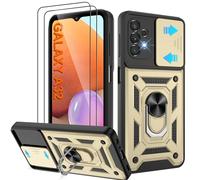 Pilaru Shockproof Case for Samsung A32 5G Military-Grade Drop Proof Dual-Layer Protective with Camera Slide Cover | Precision Hole, Built-in Kickstand & 2 Screen Protectors for Galaxy A32 Phone,Gold