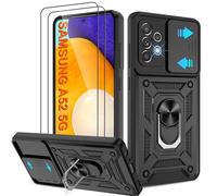 Pilaru Shockproof Case for Samsung A52 5G Military-Grade Drop Proof Dual-Layer Protective with Camera Slide Cover | Precision Hole, Built-in Kickstand & 2 Screen Protectors for Galaxy A52 Phone,Black