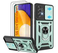 Pilaru Shockproof Case for Samsung A52 5G Military-Grade Drop Proof Dual-Layer Protective with Camera Slide Cover | Precision Hole, Built-in Kickstand & 2 Screen Protectors for Galaxy A52S Phone,Green