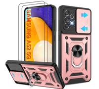 Pilaru Shockproof Case for Samsung A52 5G Military-Grade Drop Proof Dual-Layer Protective with Camera Slide Cover | Precision Hole, Built-in Kickstand & 2 Screen Protectors for Galaxy A52S,Rose Gold