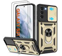 Pilaru Shockproof Case for Samsung S21 Military-Grade Drop Proof Dual-Layer Protective with Camera Slide Cover | Precision Hole, Built-in Kickstand & 2 Screen Protectors for Galaxy S21 Phone,Gold
