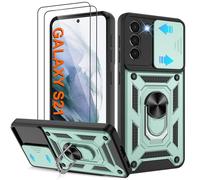 Pilaru Shockproof Case for Samsung S21 Military-Grade Drop Proof Dual-Layer Protective with Camera Slide Cover | Precision Hole, Built-in Kickstand & 2 Screen Protectors for Galaxy S21 Phone,Green