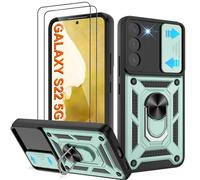 Pilaru Shockproof Case for Samsung S22 Military-Grade Drop Proof Dual-Layer Protective with Camera Slide Cover | Precision Hole, Built-in Kickstand & 2 Screen Protectors for Galaxy S22 Phone,Green