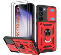 Pilaru Shockproof Case for Samsung S23 Military-Grade Drop Proof Dual-Layer Protective with Camera Slide Cover | Precision Hole, Built-in Kickstand & 2 Screen Protectors for Galaxy S23 Phone,Red